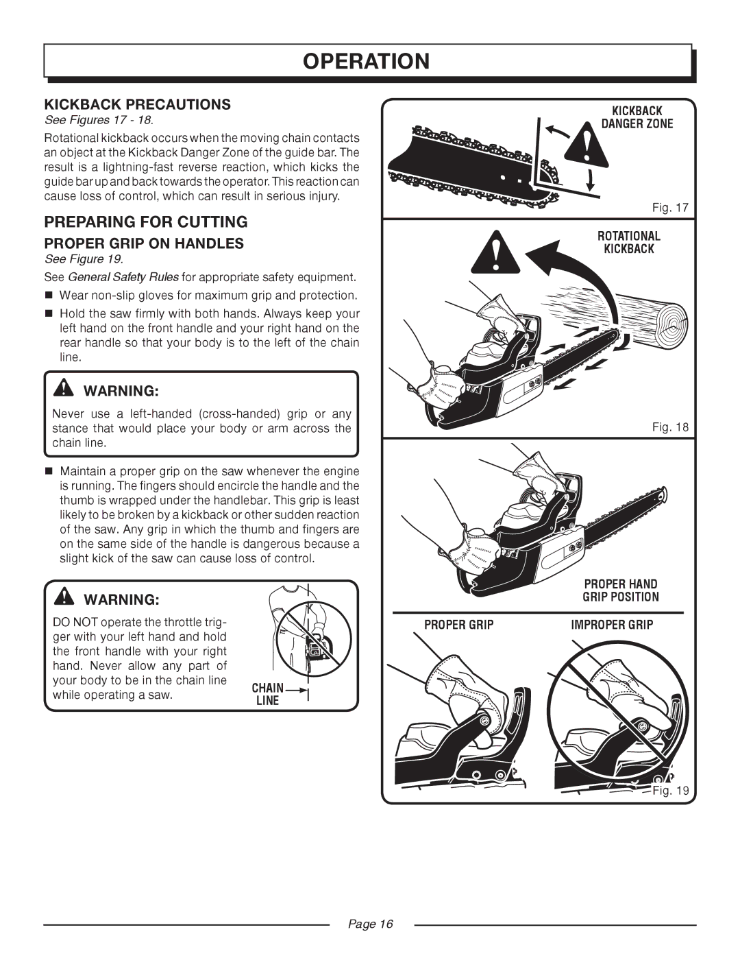 Homelite UT10517/18 manual Kickback Precautions, Proper Grip on Handles, See Figures 17 