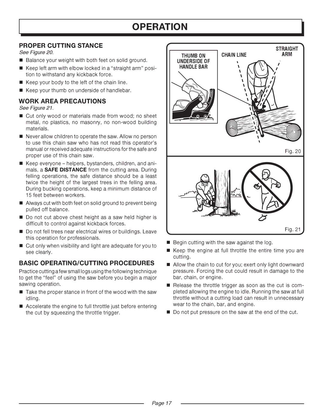 Homelite UT10517/18 manual Proper Cutting Stance, Work Area Precautions, Basic OPERATING/CUTTING Procedures 