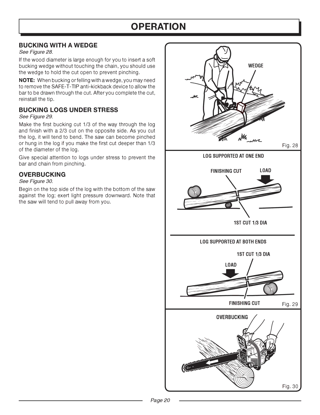 Homelite UT10517/18 manual Bucking with a Wedge, Bucking Logs Under Stress, Overbucking 