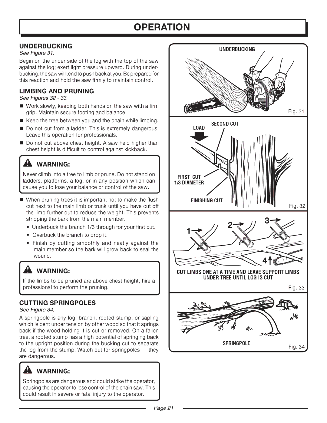 Homelite UT10517/18 manual Limbing and Pruning, Cutting Springpoles, See Figures 32, Underbucking Second cut 