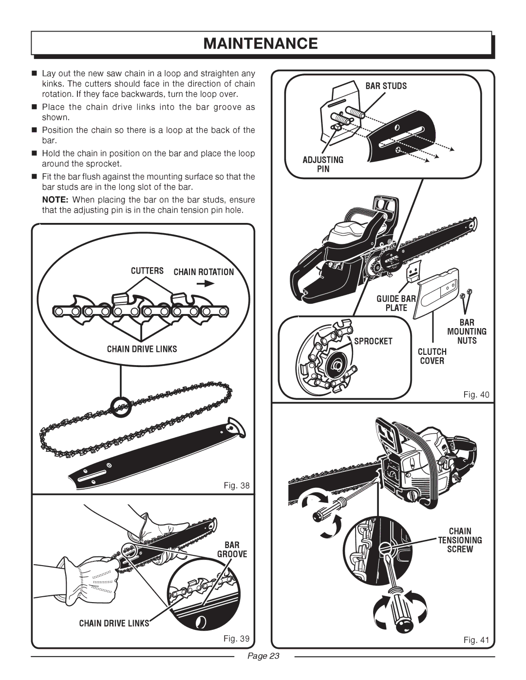 Homelite UT10517/18 manual Cutters chain rotation Chain drive links, Adjusting, Mounting 