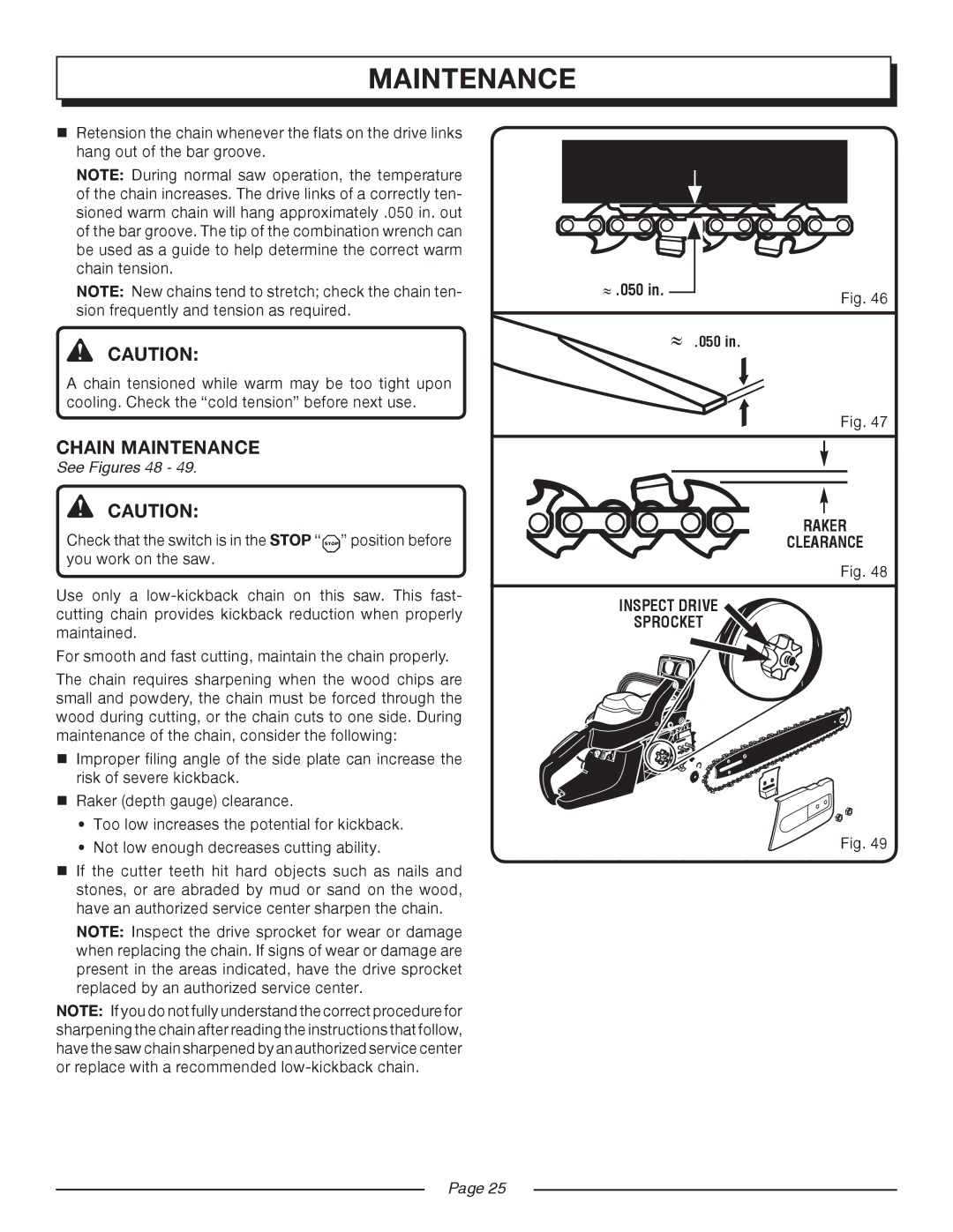 Homelite UT10517/18 manual Chain Maintenance, See Figures 48, ≈ .050 Raker ­clearance Inspect drive Sprocket 