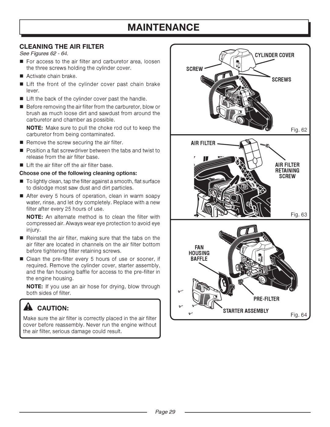 Homelite UT10517/18 manual Cleaning the AIR Filter, See Figures 62, Choose one of the following cleaning options 