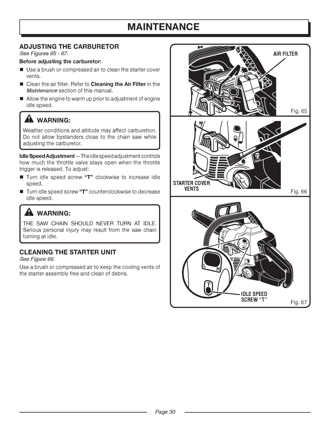 Homelite UT10517/18 Adjusting the Carburetor, Cleaning the Starter Unit, See Figures 65, Before adjusting the carburetor 