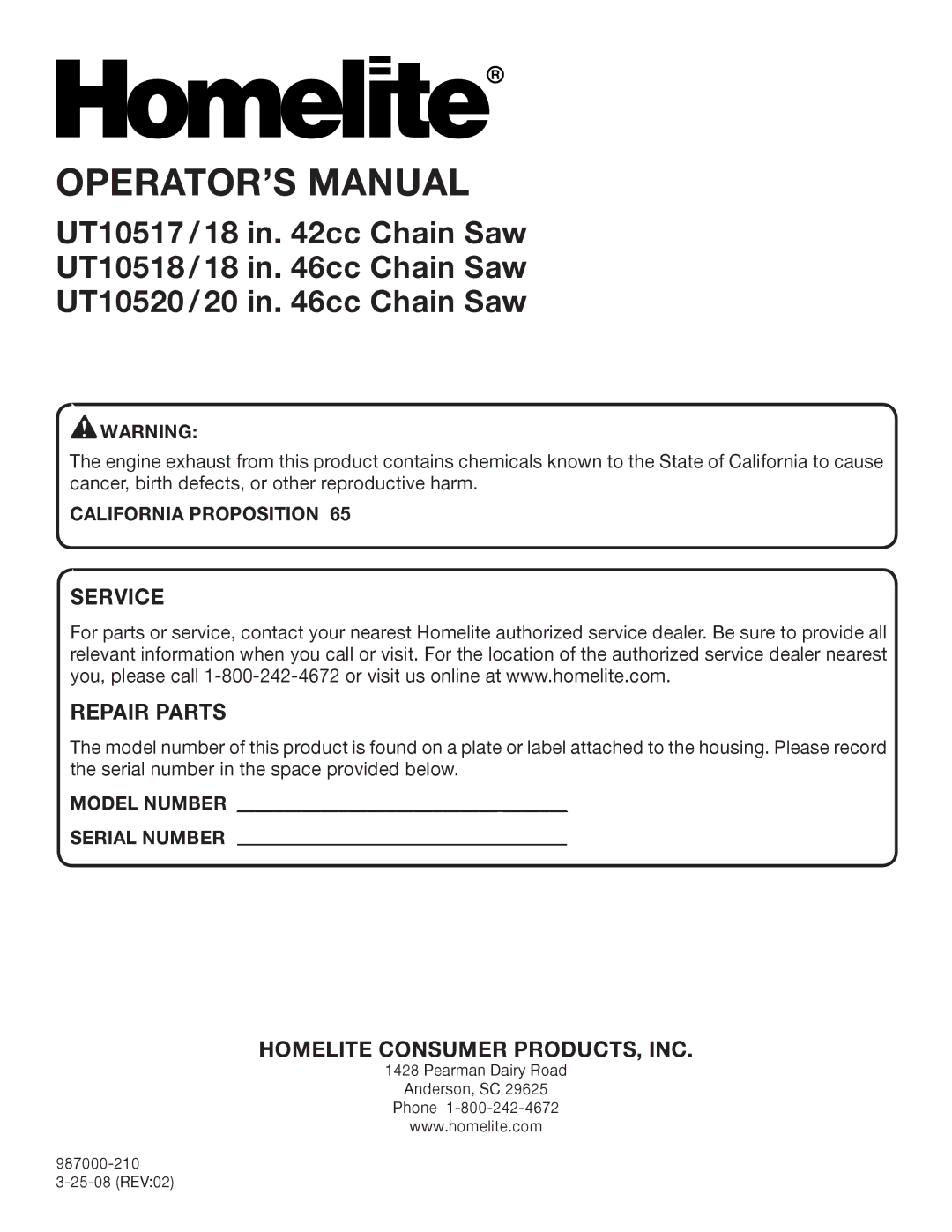 Homelite UT10517/18 manual California Proposition, Serial Number 