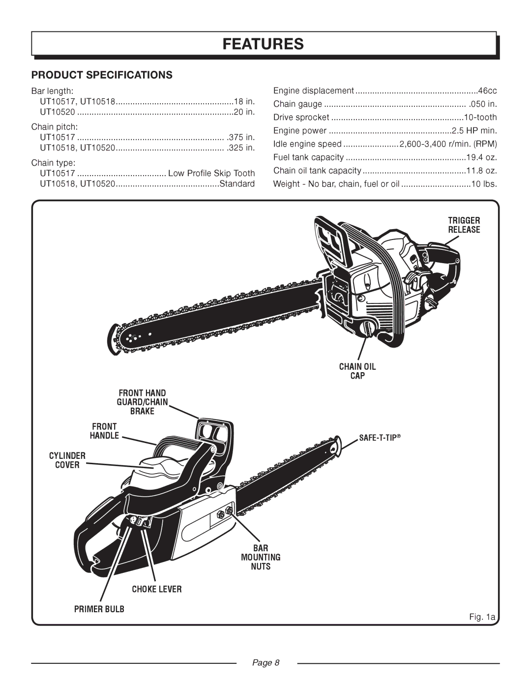 Homelite UT10517/18 manual Features, Product Specifications, Trigger, Primer bulb 