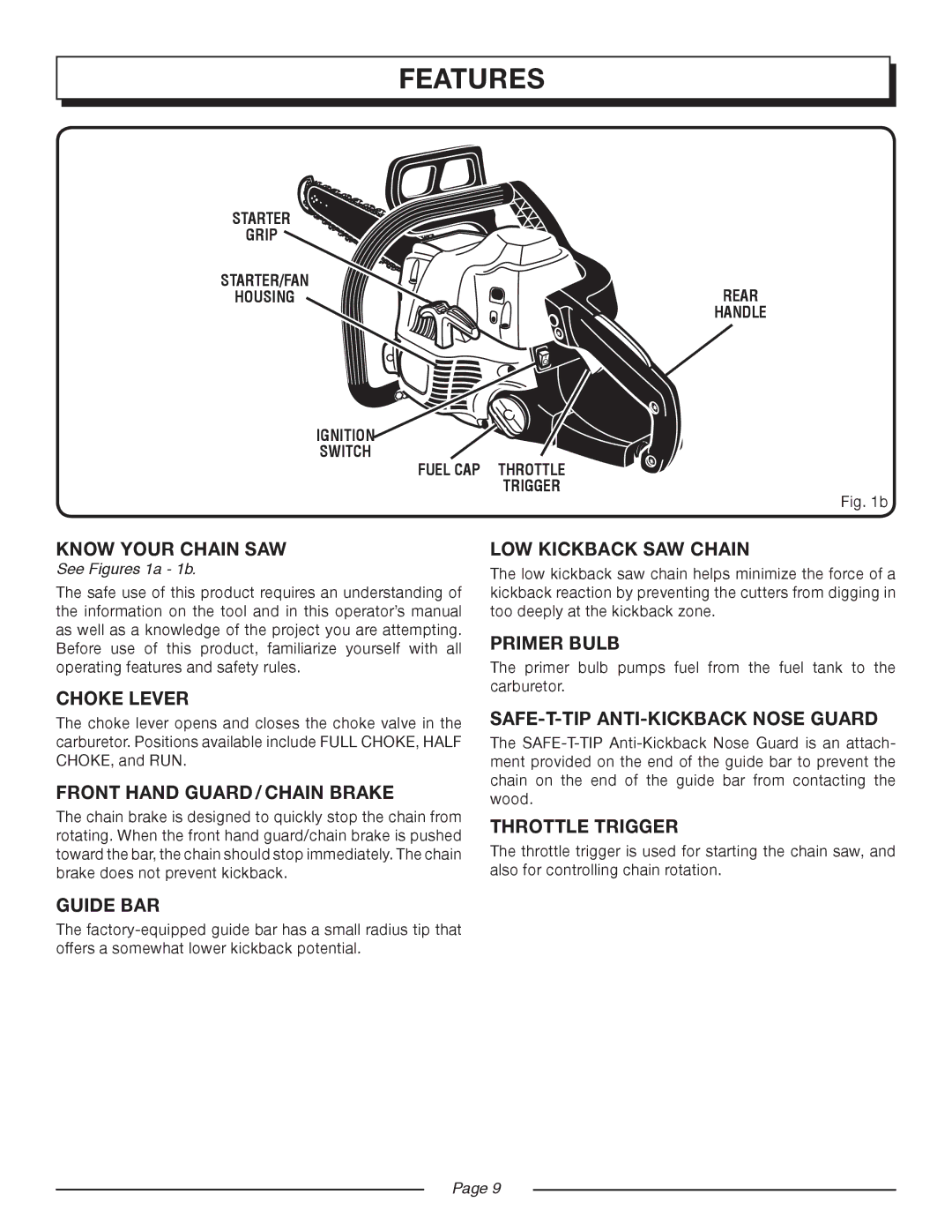 Homelite UT10517/18 manual Know Your Chain SAW, Choke Lever, Guide BAR, LOW Kickback SAW Chain, Throttle Trigger 