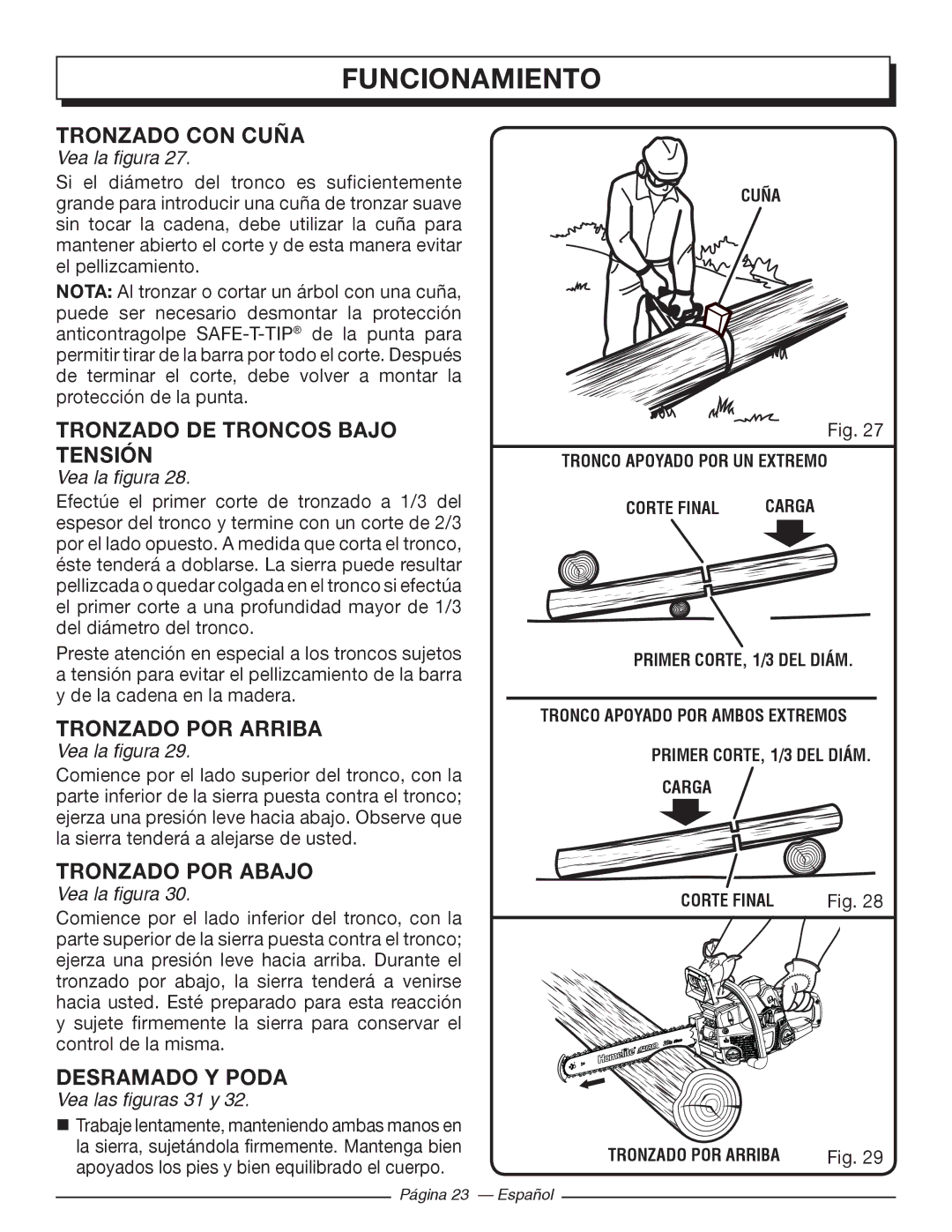 Homelite UT10522, UT10526 Tronzado CON Cuña, Tronzado DE Troncos Bajo Tensión, Tronzado POR Arriba, Tronzado POR Abajo 