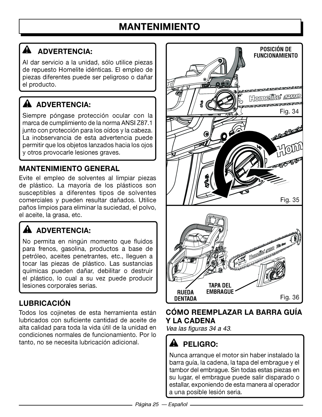 Homelite UT10519 Mantenimiento General, Lubricación, Cómo reemplazar la barra guía y la cadena, Vea las figuras 34 a 