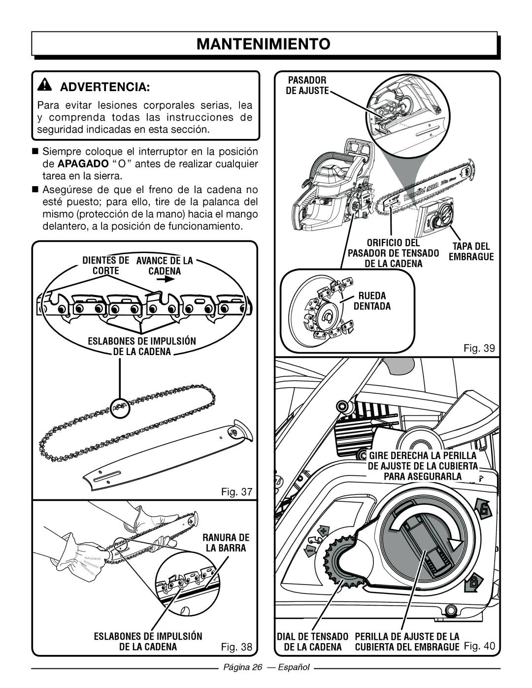 Homelite UT10522, UT10526, UT10519 manuel dutilisation Pasador De ajuste Orificio del 