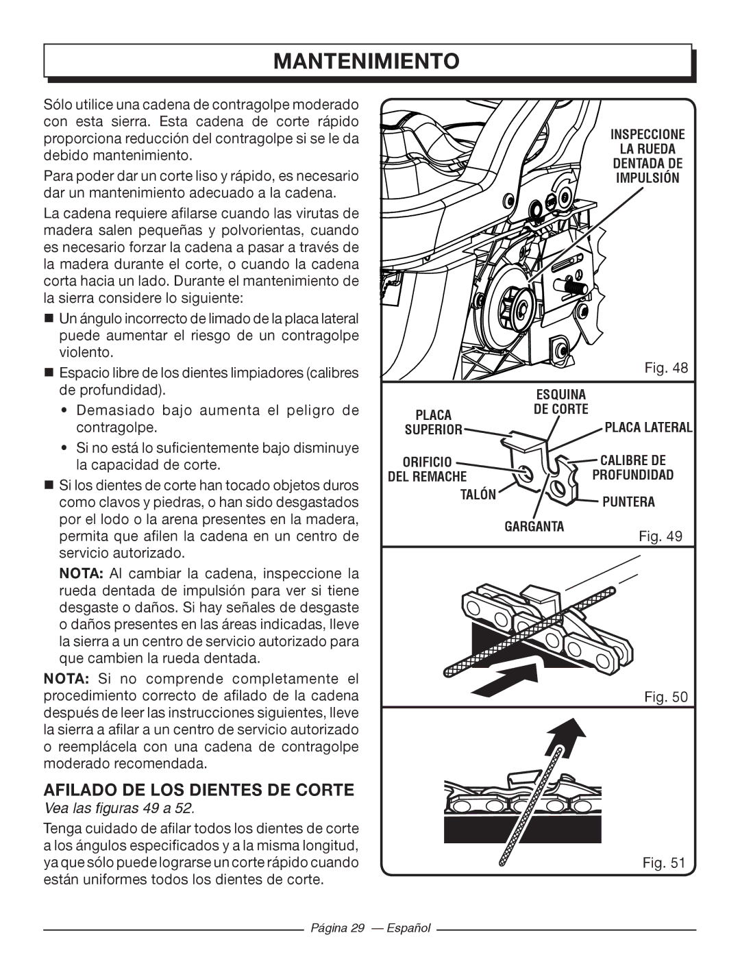 Homelite UT10522, UT10526, UT10519 manuel dutilisation Afilado DE LOS Dientes DE Corte, Vea las figuras 49 a 