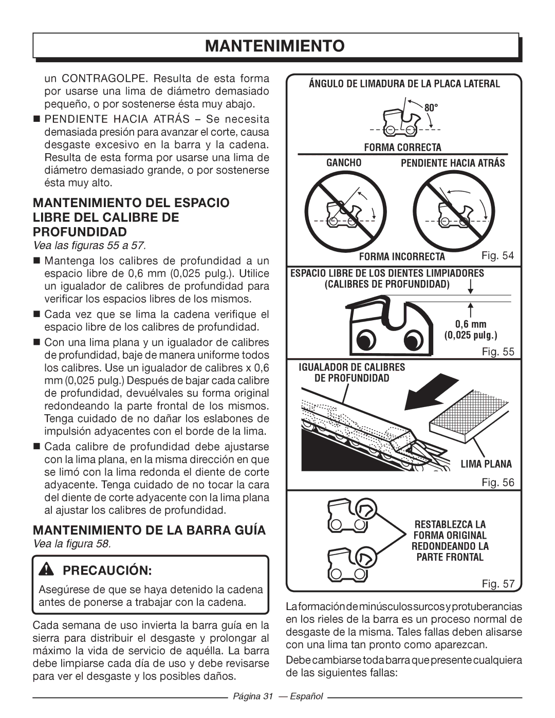 Homelite UT10519, UT10526 Mantenimiento DEL Espacio Libre DEL Calibre DE Profundidad, Mantenimiento DE LA Barra Guía 