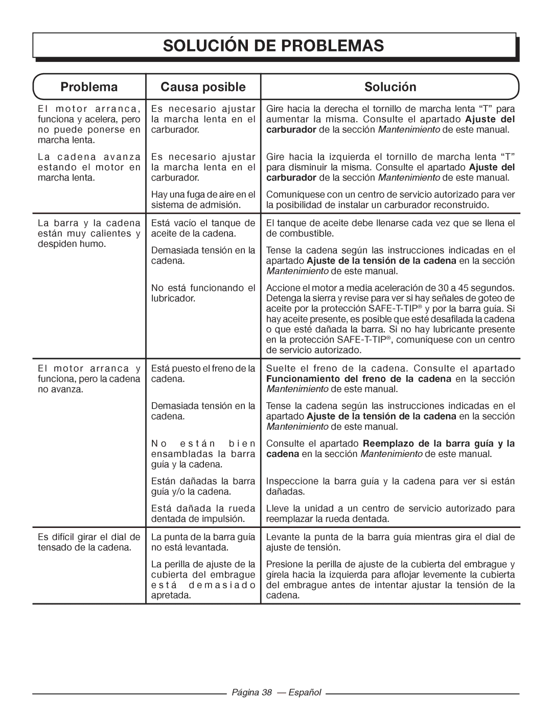 Homelite UT10522, UT10526, UT10519 manuel dutilisation Funcionamiento del freno de la cadena en la sección 