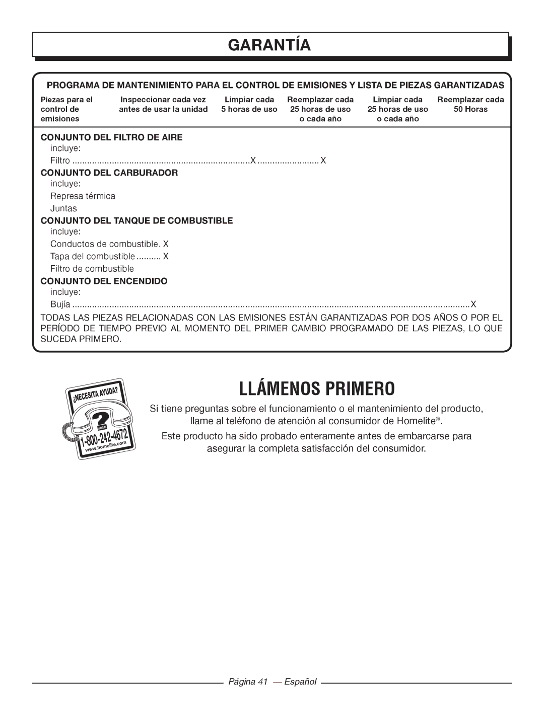 Homelite UT10522, UT10526, UT10519 manuel dutilisation Llámenos Primero 