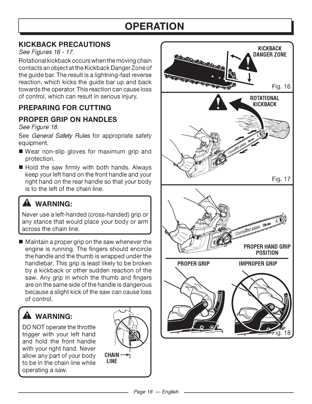 Homelite UT10526, UT10519, UT10522 Kickback Precautions, Preparing for Cutting Proper Grip on Handles, See Figures 16 