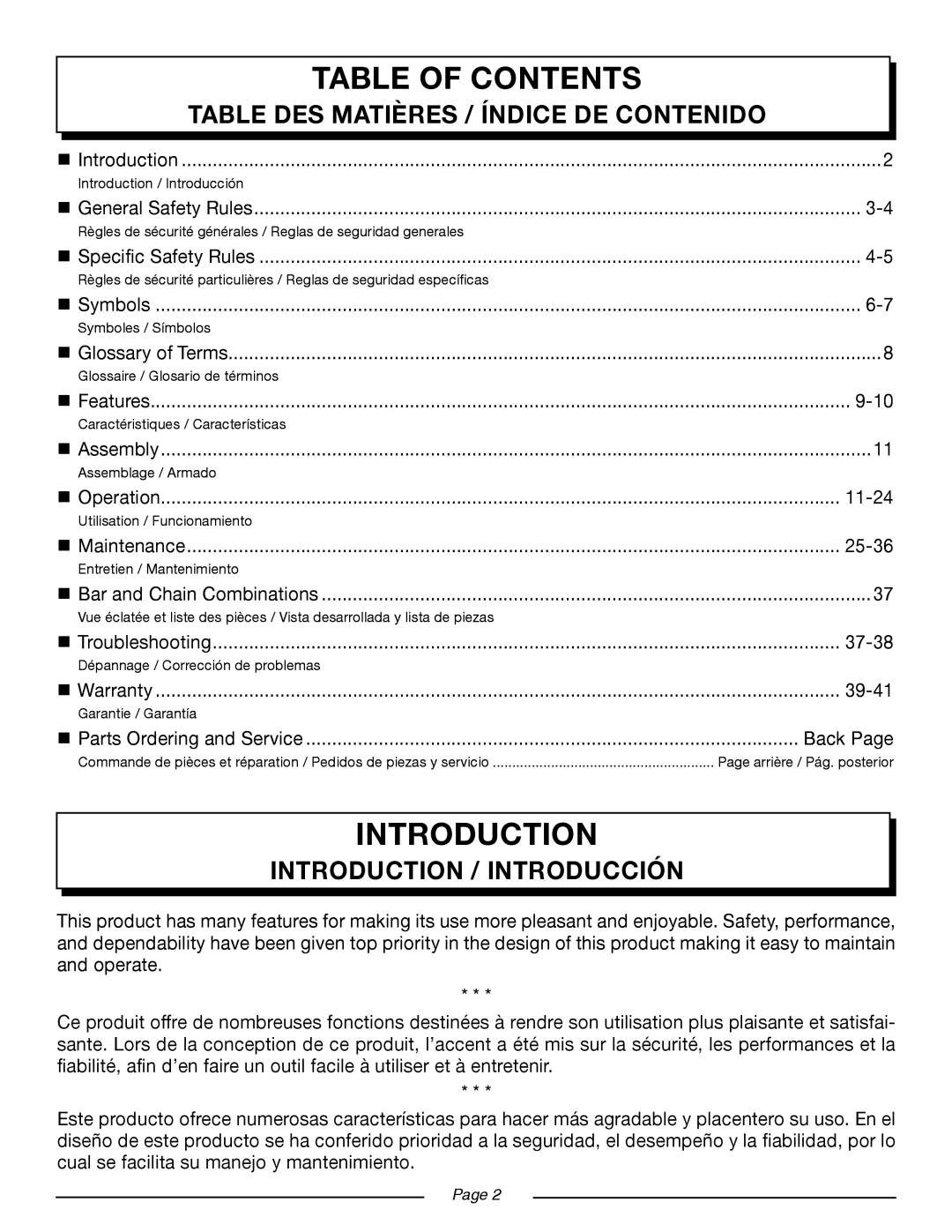 Homelite UT10522, UT10526, UT10519 manuel dutilisation Introduction, Table of Contents 