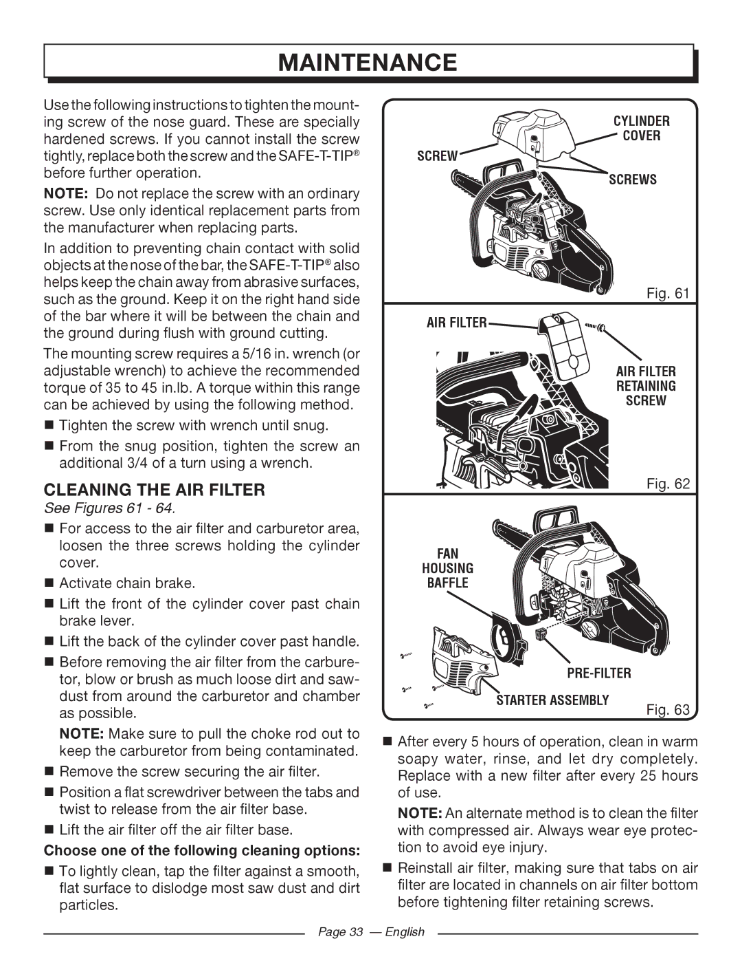 Homelite UT10526, UT10519, UT10522 Cleaning the AIR Filter, See Figures 61, Choose one of the following cleaning options 