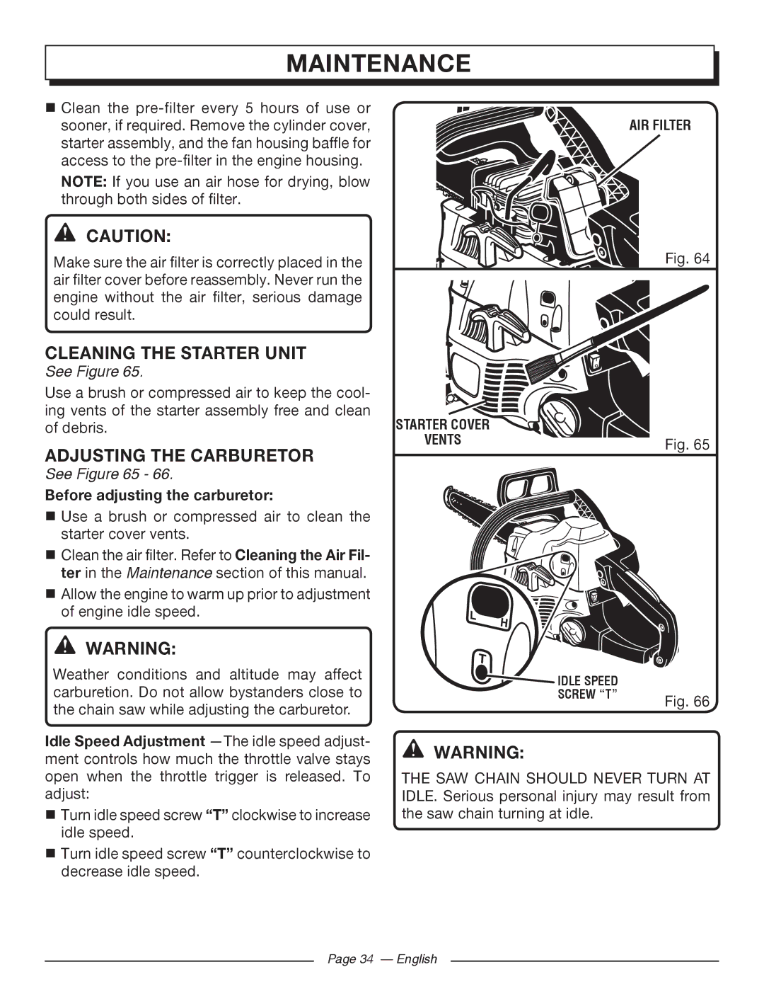 Homelite UT10519, UT10526, UT10522 Cleaning the Starter Unit, Adjusting the Carburetor, Before adjusting the carburetor 