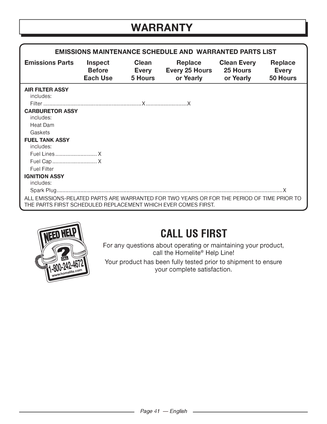 Homelite UT10522, UT10526, UT10519 Warranty, 800, Emissions Maintenance Schedule and Warranted Parts List, Hours Or Yearly 