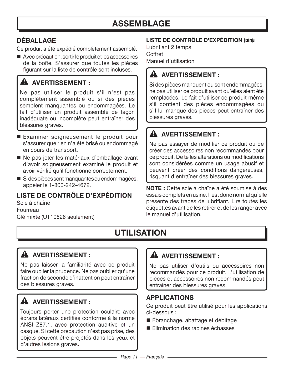 Homelite UT10522, UT10526, UT10519 manuel dutilisation Déballage, Liste DE Contrôle D’EXPÉDITION continu 