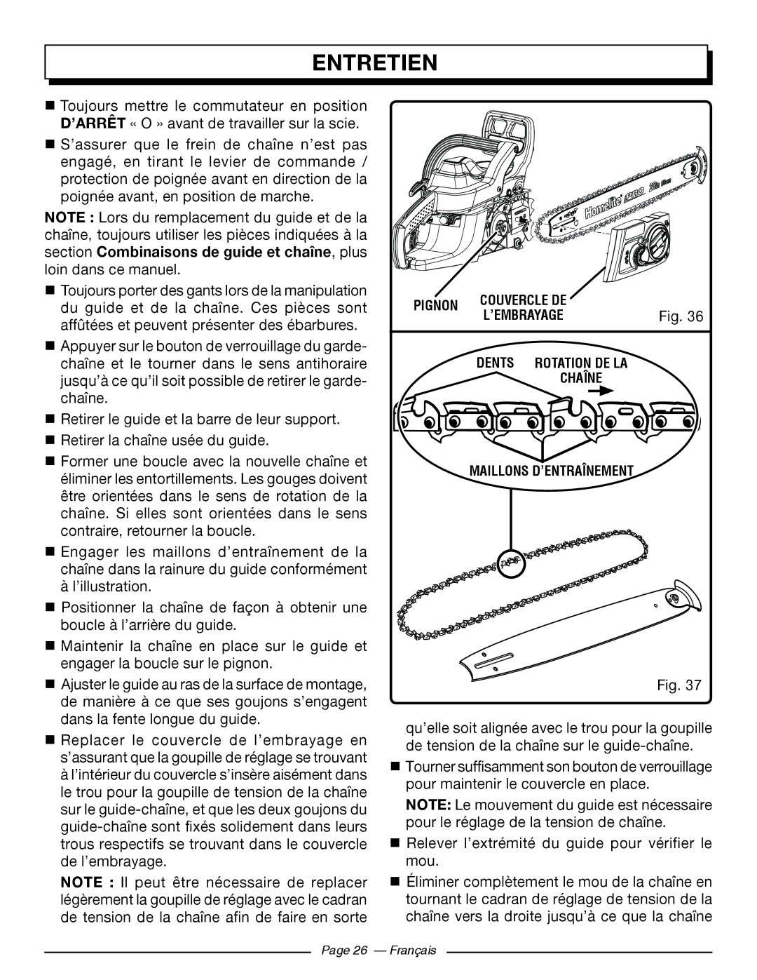 Homelite UT10522, UT10526, UT10519 manuel dutilisation Maillons D’ENTRAÎNEMENT 