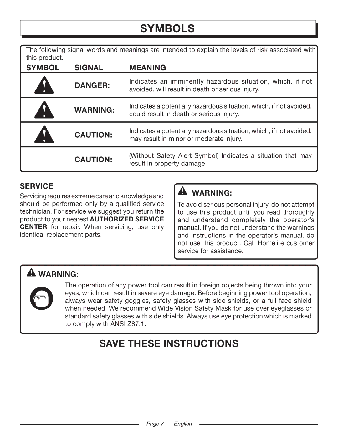 Homelite UT10519, UT10526, UT10522 manuel dutilisation Symbol Signal Meaning, Service 