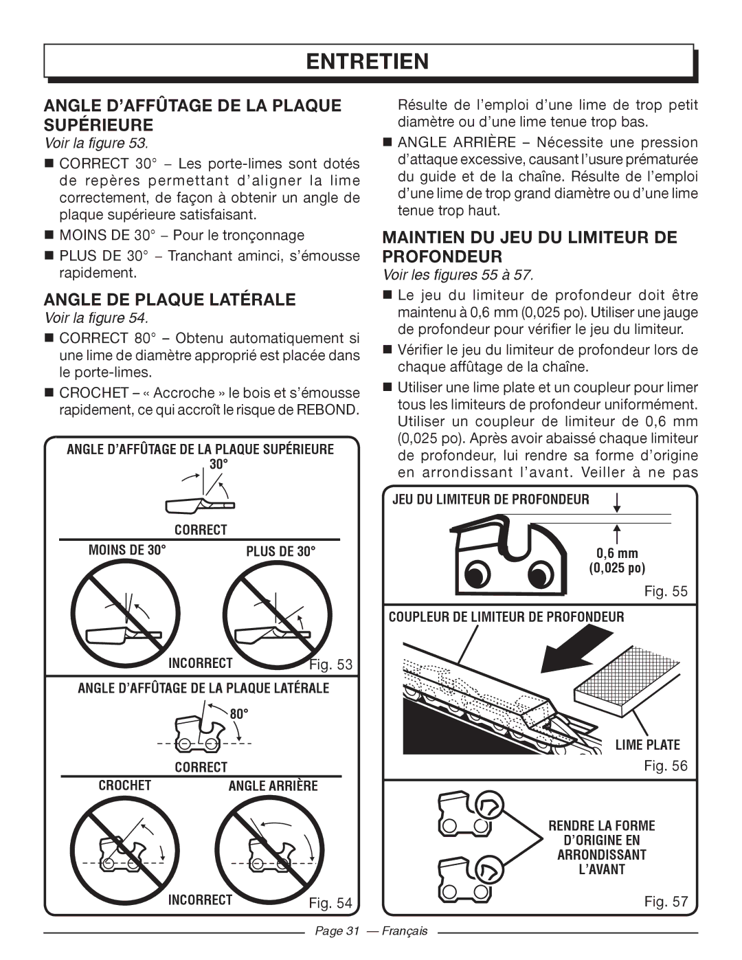 Homelite UT10519, UT10526 Angle D’AFFÛTAGE DE LA Plaque Supérieure, Angle DE Plaque Latérale, Voir les figures 55 à 