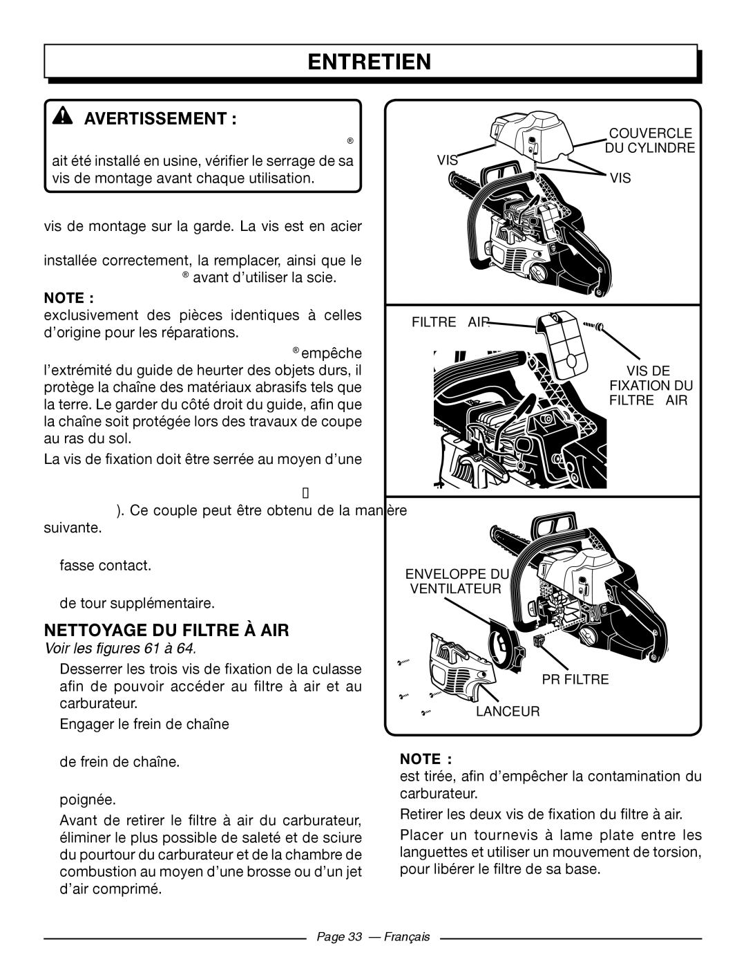 Homelite UT10526, UT10519, UT10522 manuel dutilisation Nettoyage DU Filtre À AIR, Voir les figures 61 à 