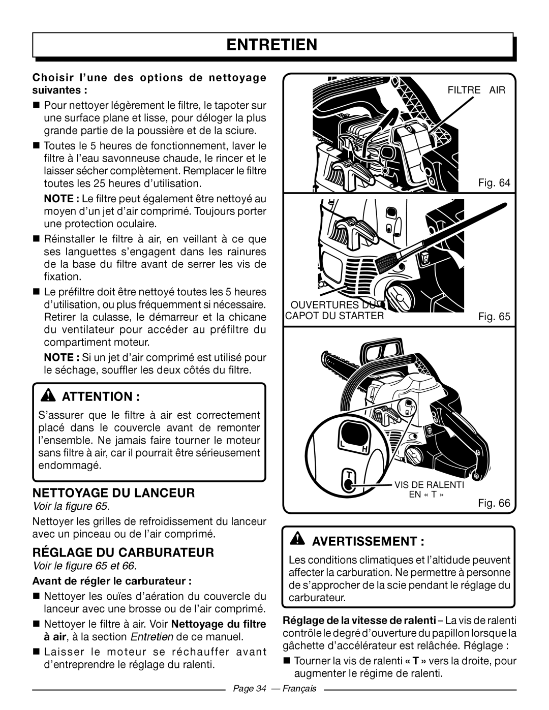 Homelite UT10519, UT10526, UT10522 Nettoyage DU Lanceur, Réglage DU Carburateur, Avertissement, Voir le et 