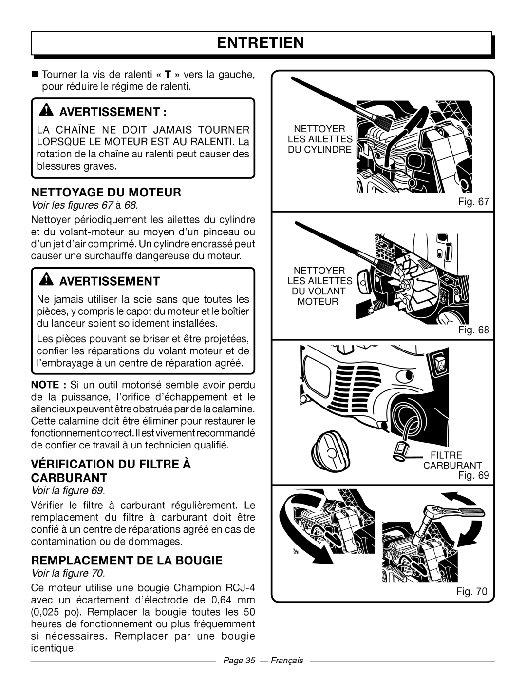 Homelite UT10522 Nettoyage DU Moteur, Avertissement, Vérification DU Filtre À Carburant, Remplacement DE LA Bougie 