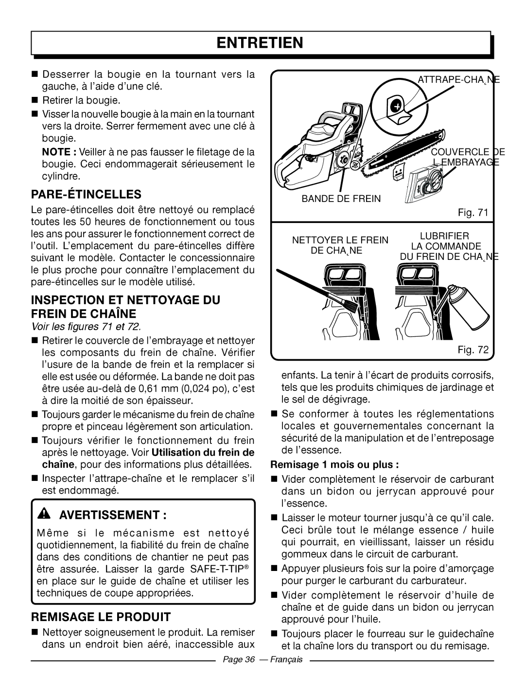 Homelite UT10526 Pare-Étincelles, Inspection ET Nettoyage DU Frein DE Chaîne, Remisage LE Produit, Voir les figures 71 et 