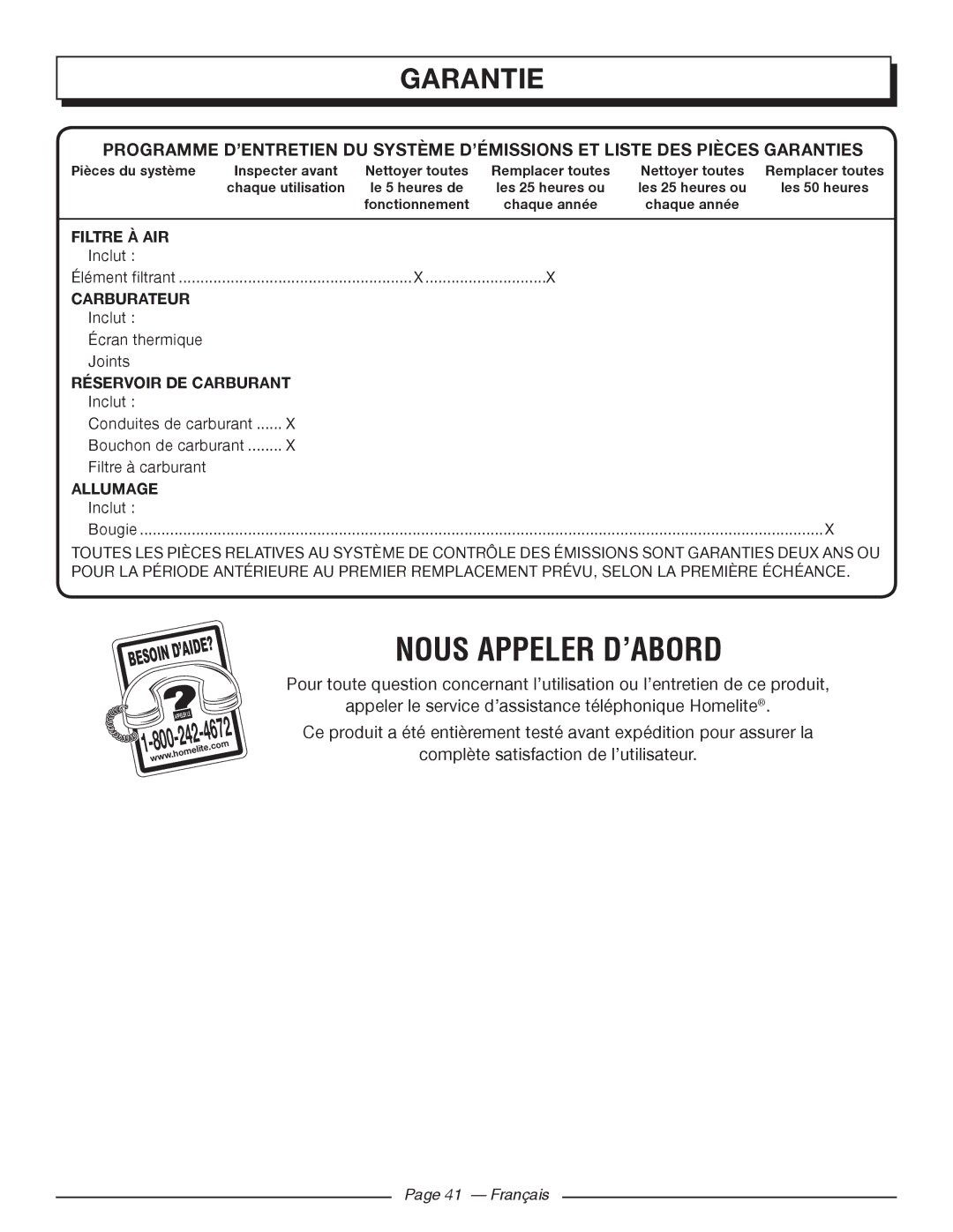 Homelite UT10522, UT10526, UT10519 manuel dutilisation Nous Appeler D’ABORD 