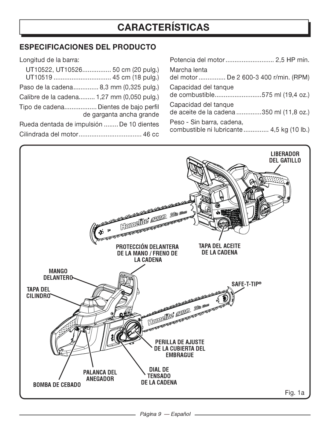 Homelite UT10526, UT10519, UT10522 manuel dutilisation Características, Especificaciones DEL Producto 