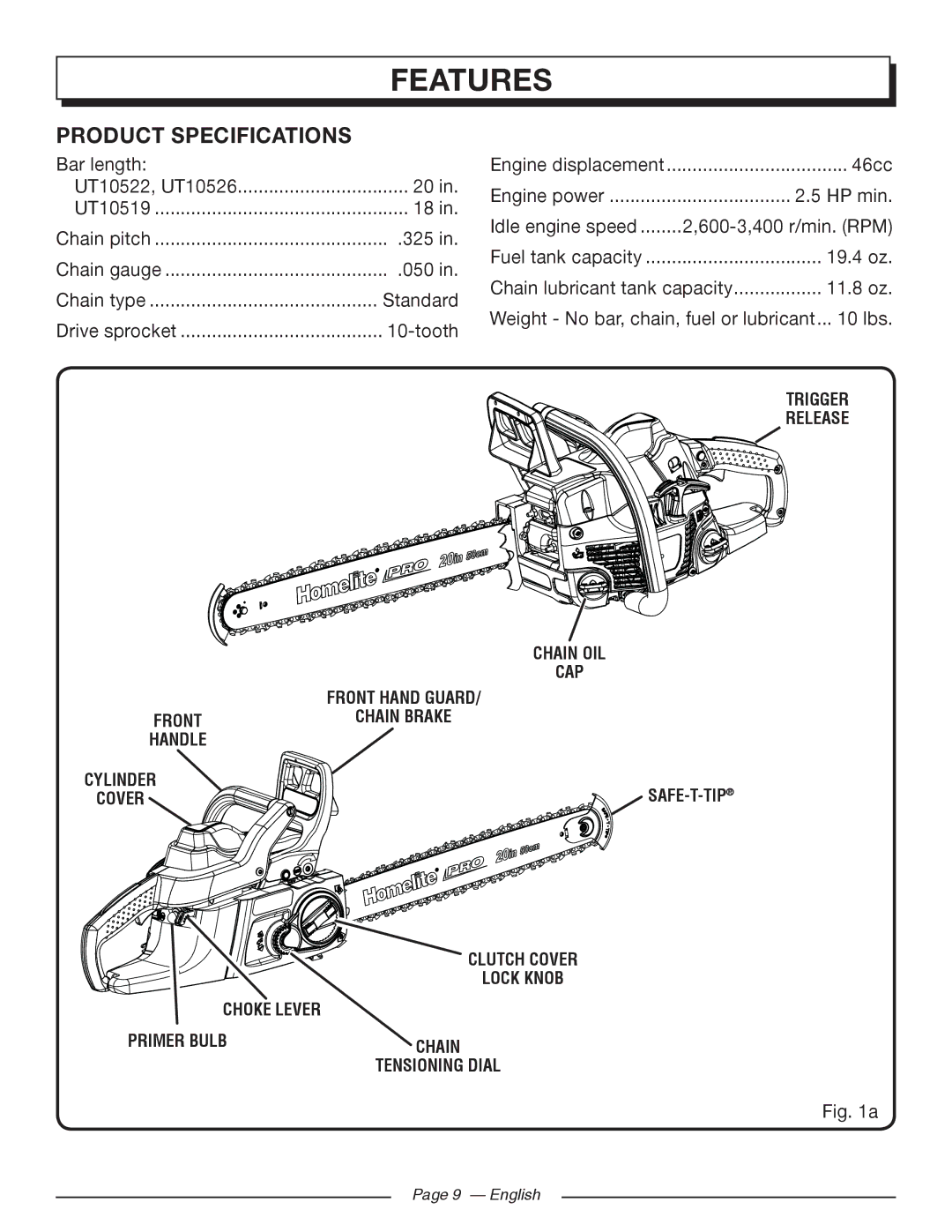 Homelite UT10526, UT10519, UT10522 manuel dutilisation Features, Product Specifications 