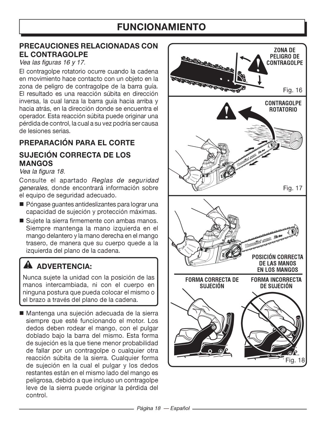 Homelite UT10526 Precauciones Relacionadas CON EL Contragolpe, Preparación Para EL Corte Sujeción Correcta DE LOS Mangos 