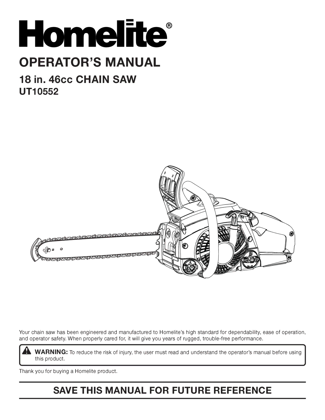 Homelite UT10552 manual OPERATOR’S Manual 