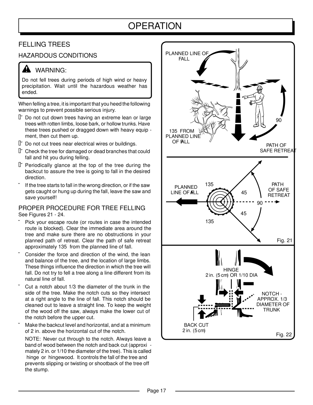 Homelite UT10552 manual Hazardous Conditions, Proper Procedure for Tree Felling, See Figures 21 