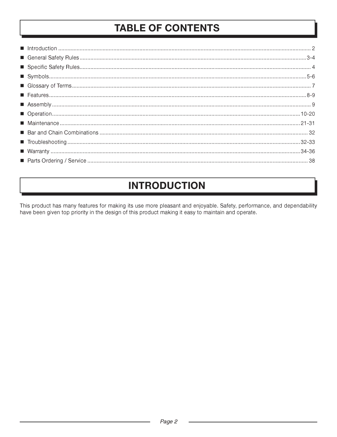 Homelite UT10552 manual Table of contents, Introduction 