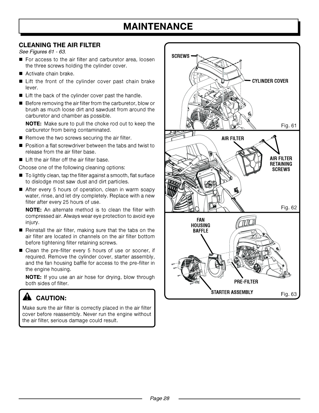 Homelite UT10552 manual Cleaning the AIR Filter, See Figures 61 