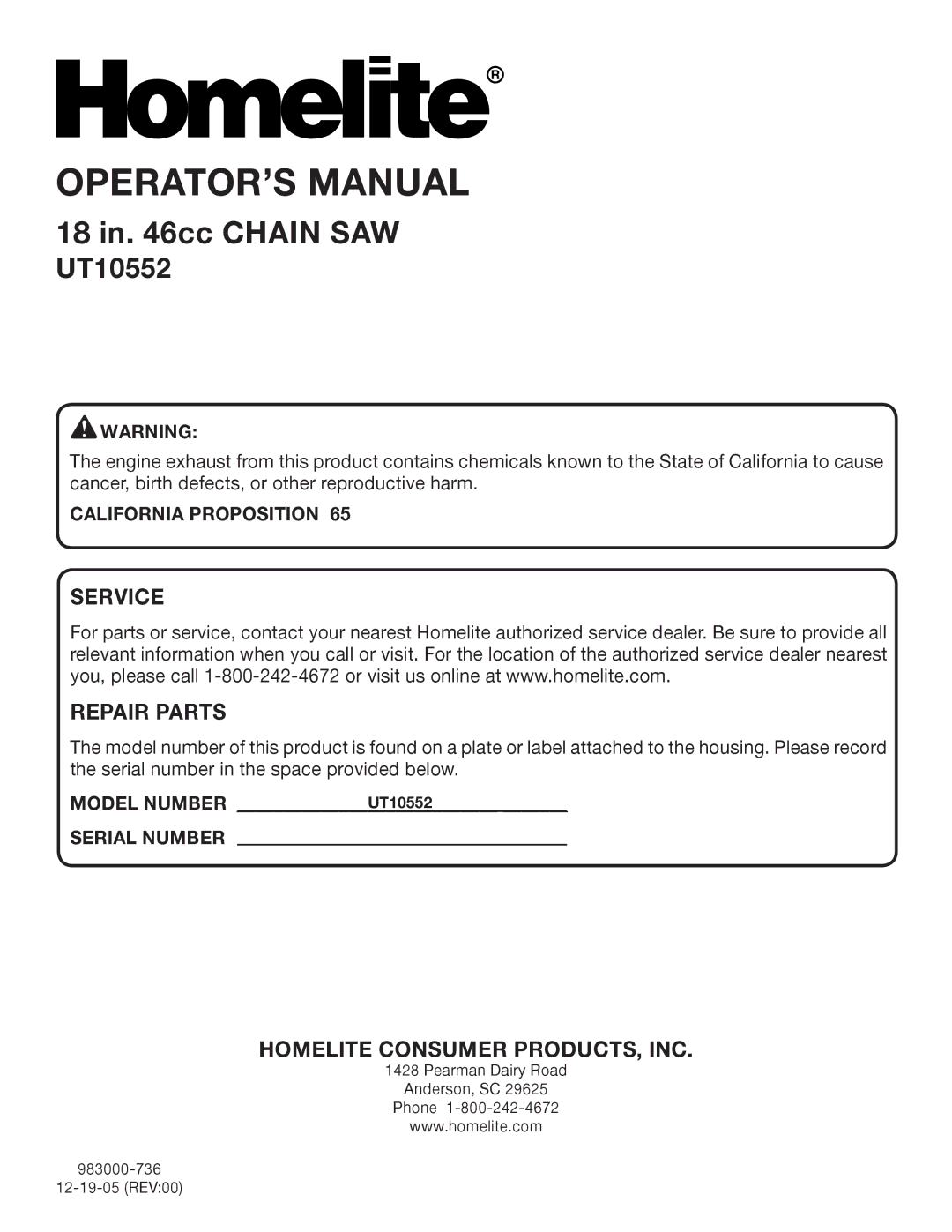 Homelite UT10552 manual California Proposition, Model Number, Serial Number 