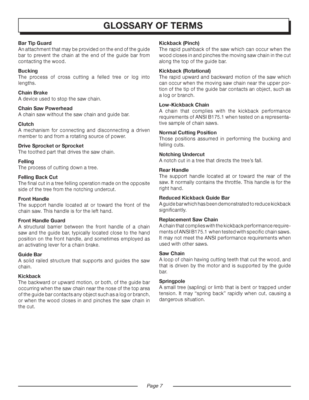 Homelite UT10552 manual Glossary of terms 