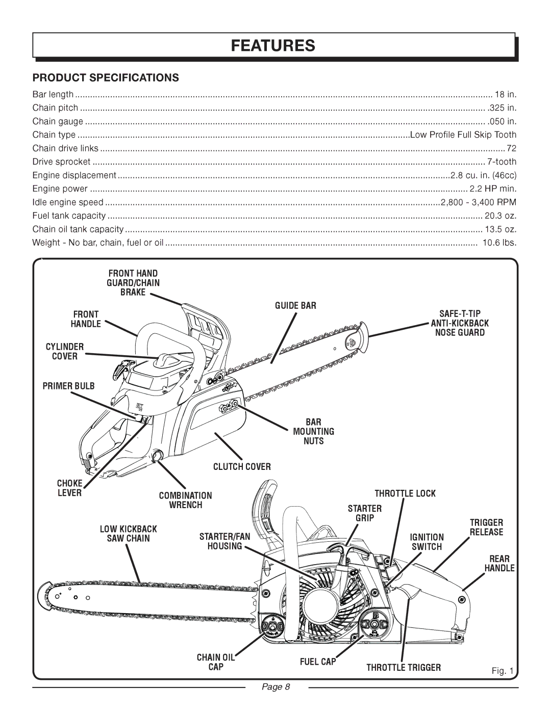 Homelite UT10552 manual Features, Product Specifications, Release 