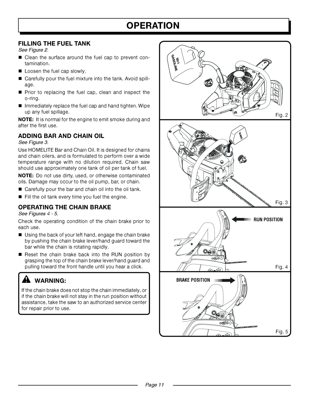 Homelite UT10552 manual Operation, See Figures 4, Page 
