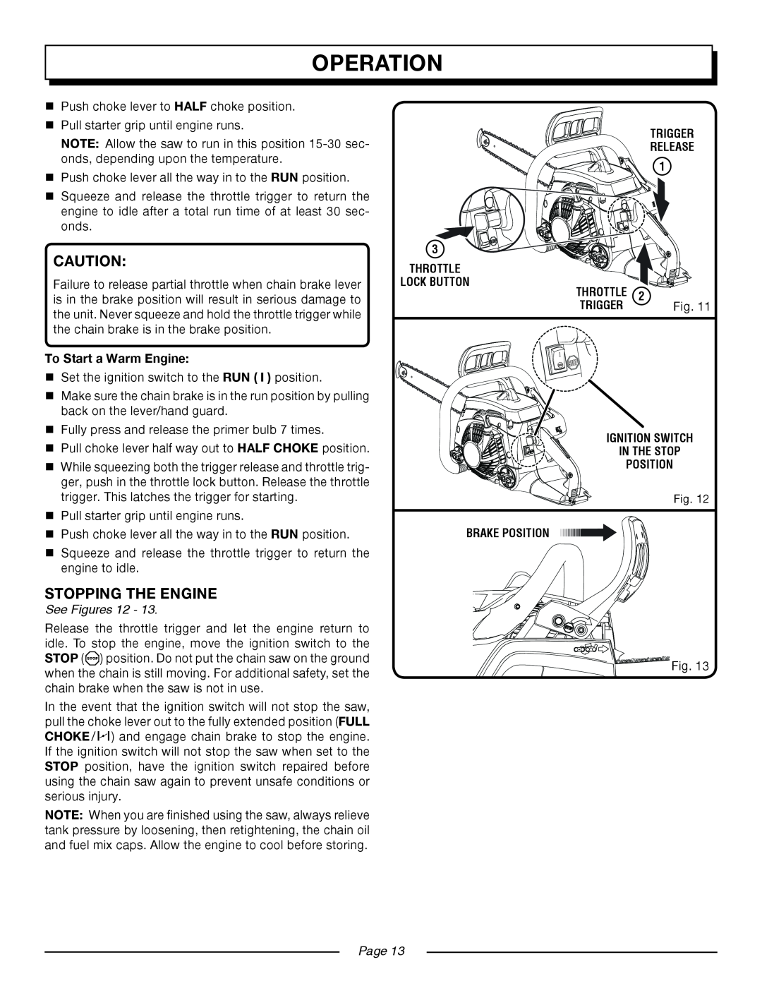 Homelite UT10552 manual operation, Stopping The Engine, See Figures 12, Page 