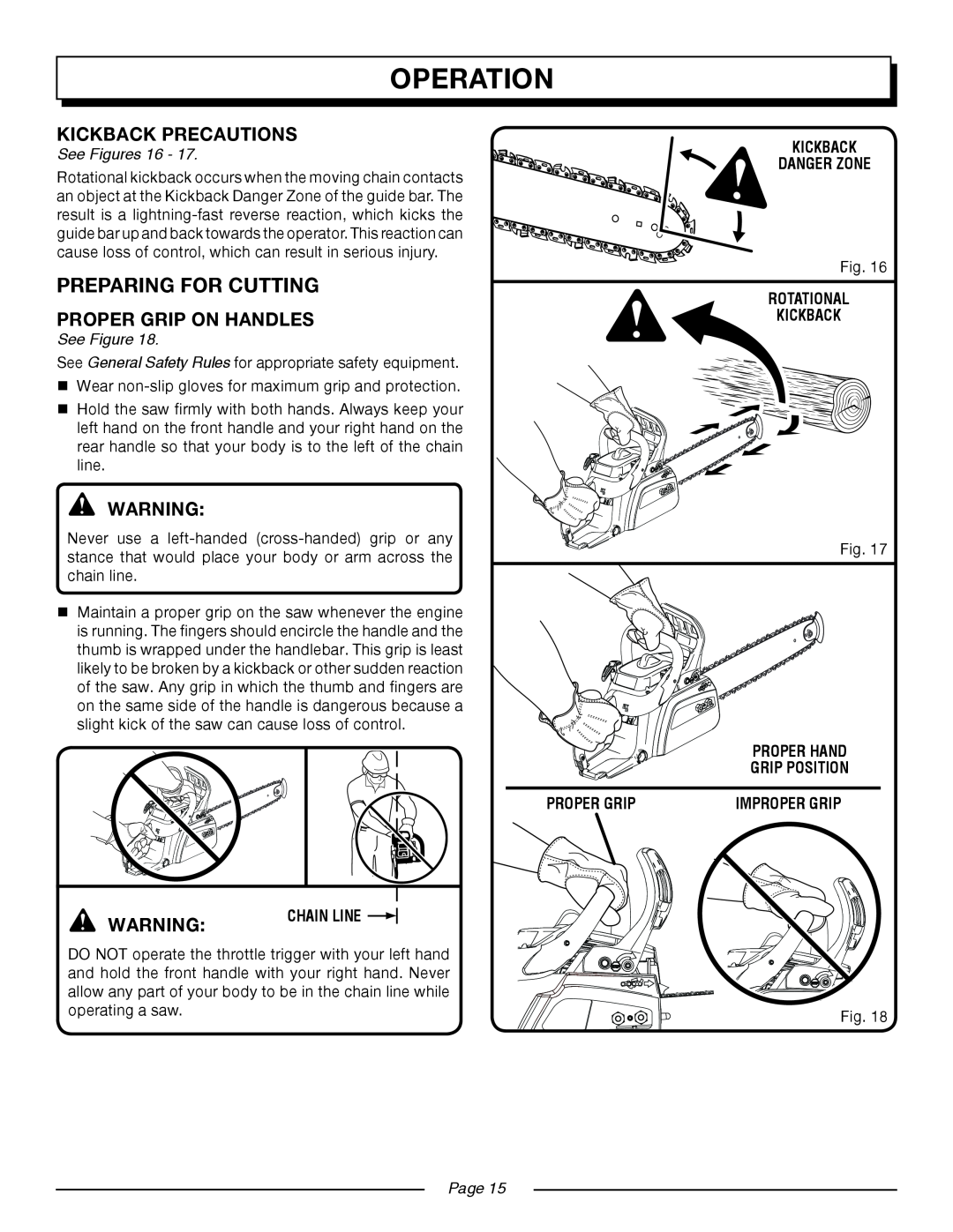 Homelite UT10552 manual Preparing For Cutting, operation, See Figures 16, Page 