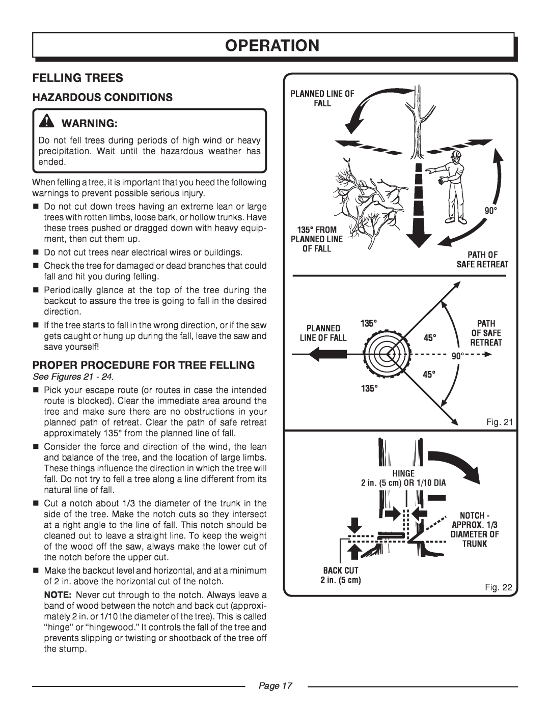 Homelite UT10552 Felling Trees, operation, Hazardous Conditions, Proper Procedure For Tree Felling, See Figures 21, Page 
