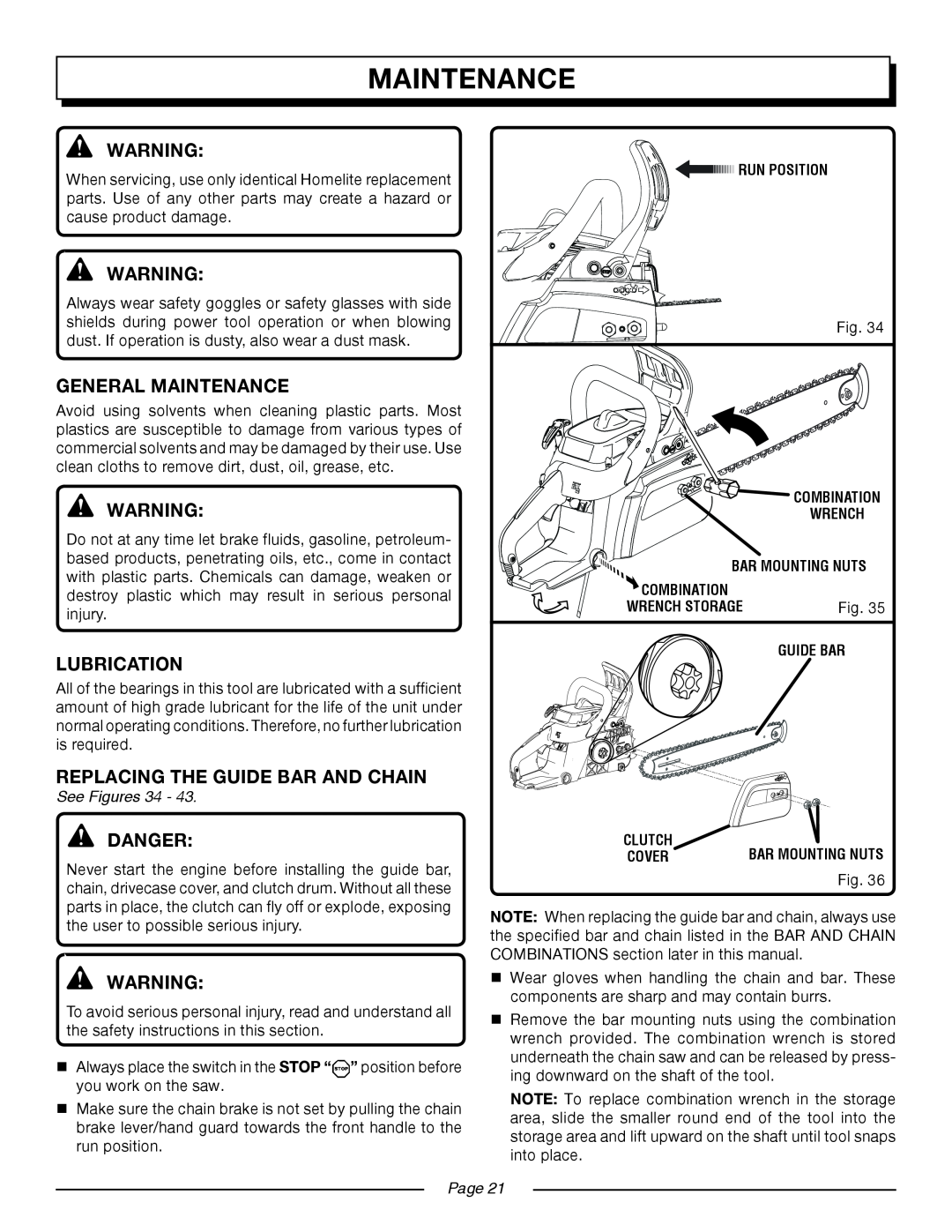 Homelite UT10552 maintenance, General Maintenance, Lubrication, REPLACING THE guide BAR AND CHAIN, Danger, See Figures 34 