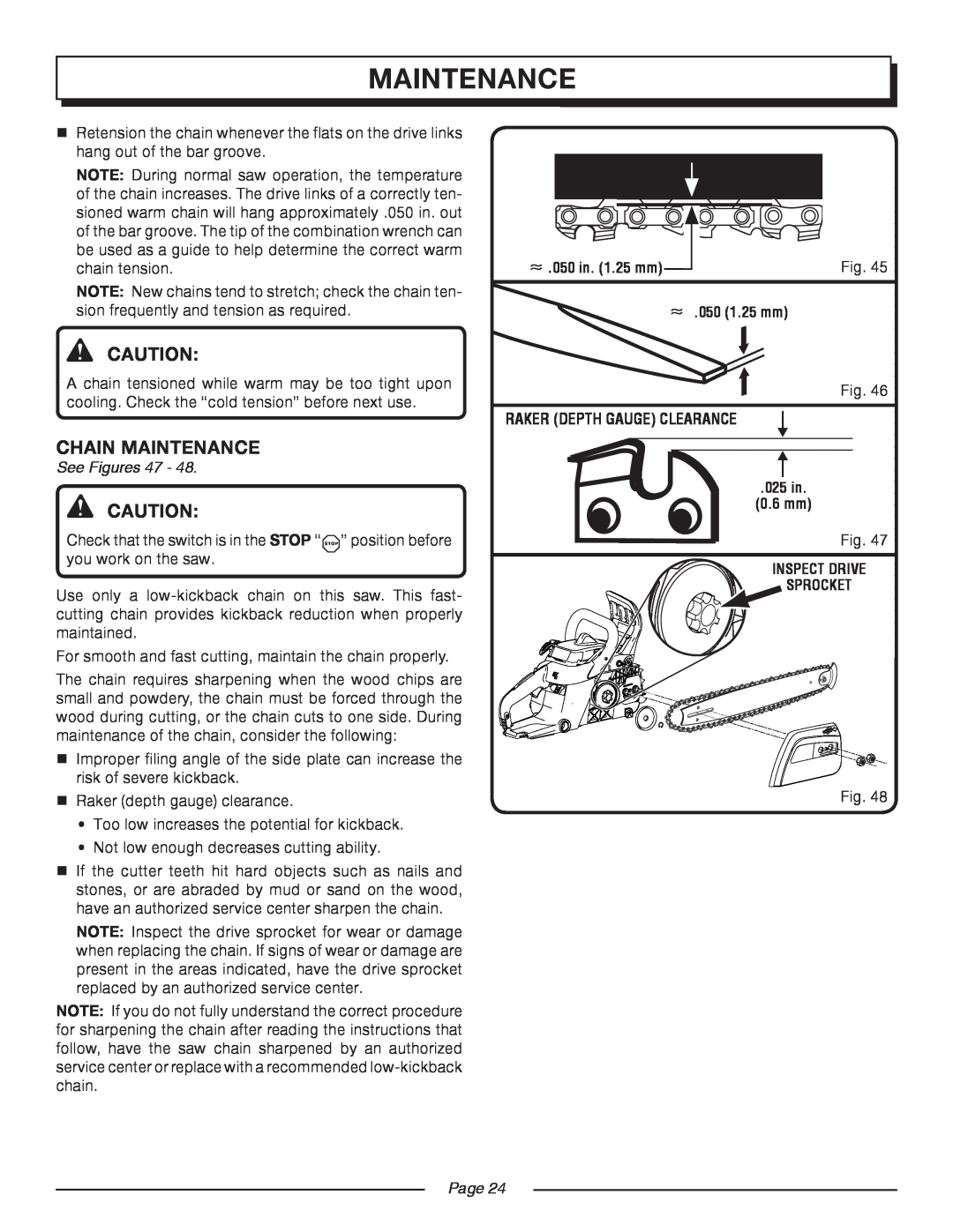 Homelite UT10552 manual Chain Maintenance, See Figures 47, Page 