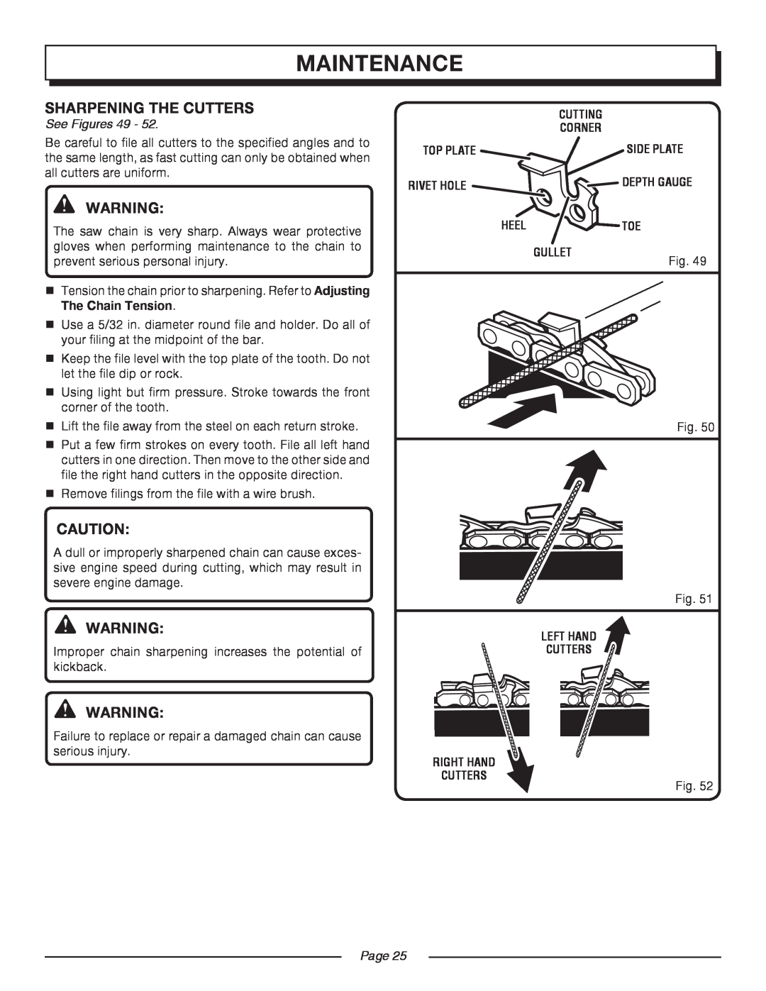 Homelite UT10552 manual maintenance, Sharpening The Cutters, See Figures 49, Page 