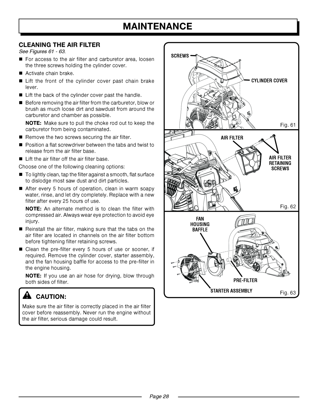 Homelite UT10552 maintenance, Cleaning The Air Filter, See Figures 61, screws cylinder cover, fan housing baffle, Page 